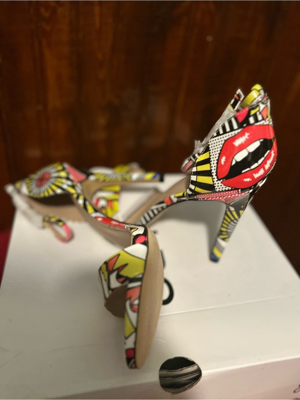 Aldo Pop Art Red Yellow Black Open-Toe Stiletto Heels